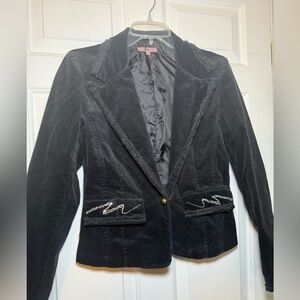 YS USA Black Corduroy Blazer Jacket Medium Fringe Lapel Rhinestone Pockets Boho